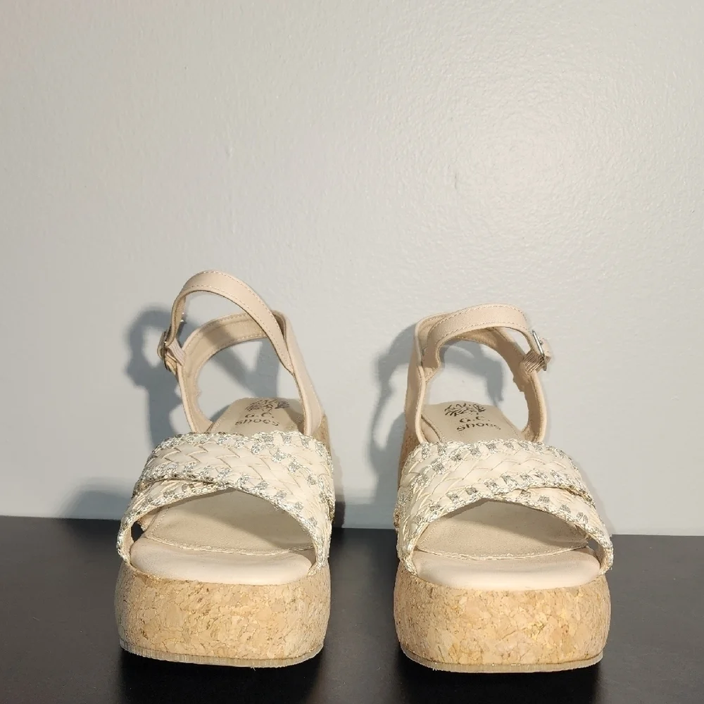 G.C. Cream Wedge Platform Shoes with Braided Straps